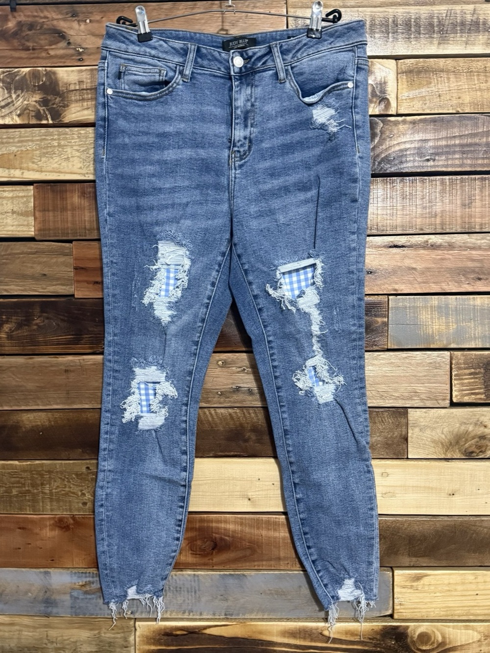Judy Blue Gingham Patch Distressed Skinny Jeans High Rise 11/30